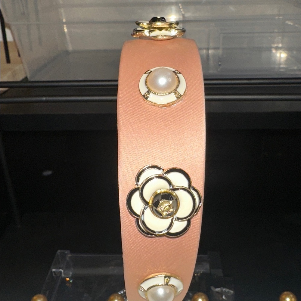 Elegant Taupey Pink Floral Headband w/ Faux Perl’s and Floral Accents - Picture 2 of 4